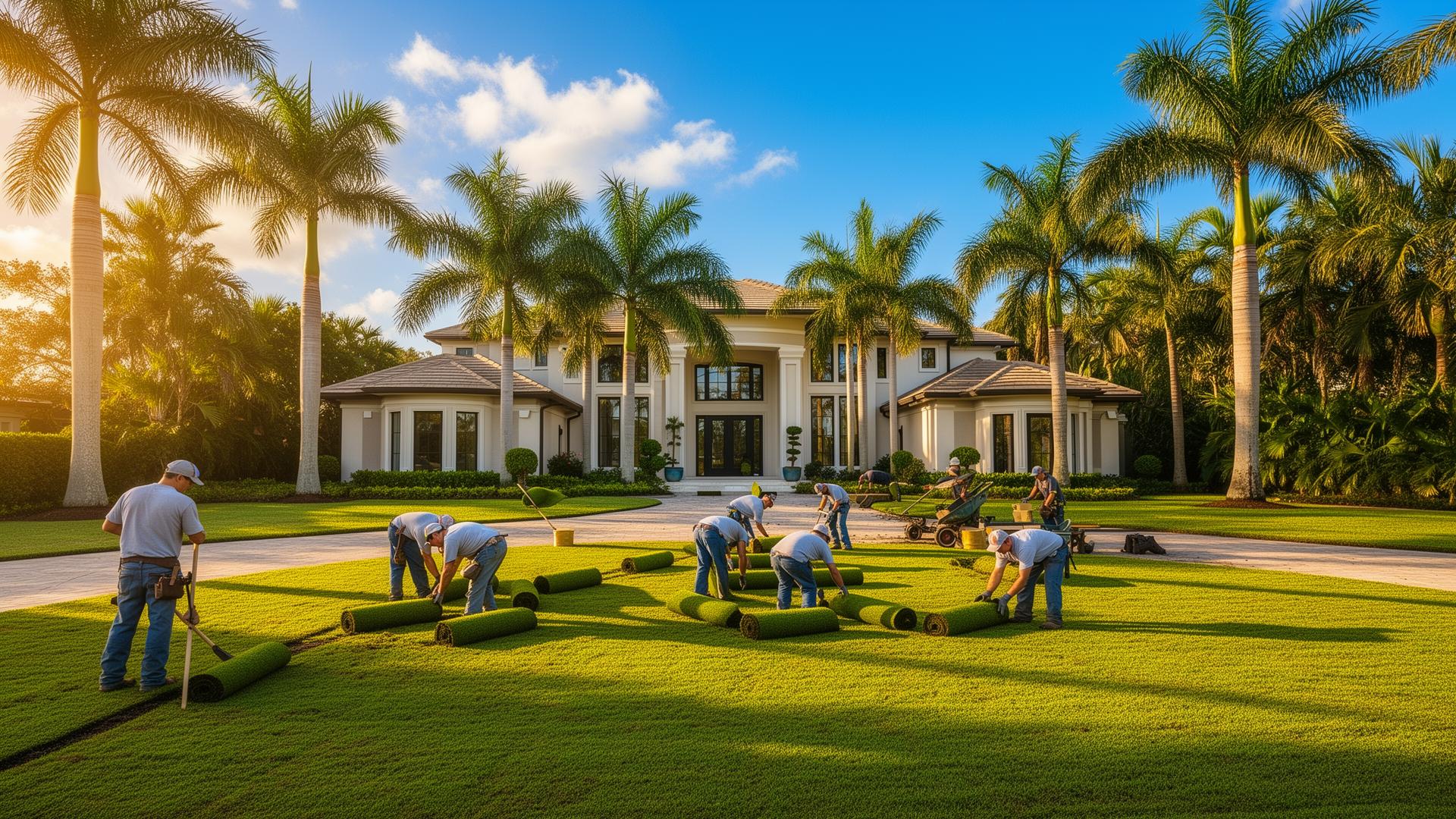 Evergreen crew laying fresh sod at a Florida luxury home with palm trees